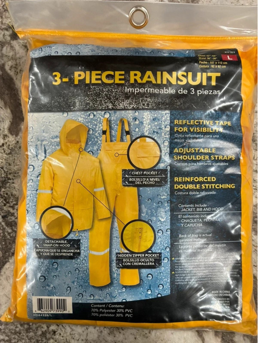 3-Piece Yellow Rain Suit with Adjustable Straps and Reflective Tape, Size L